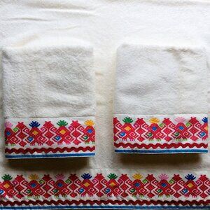 3 Bath Towels Upcycled 100% Cotton 25" X 50" White Mexican Accent